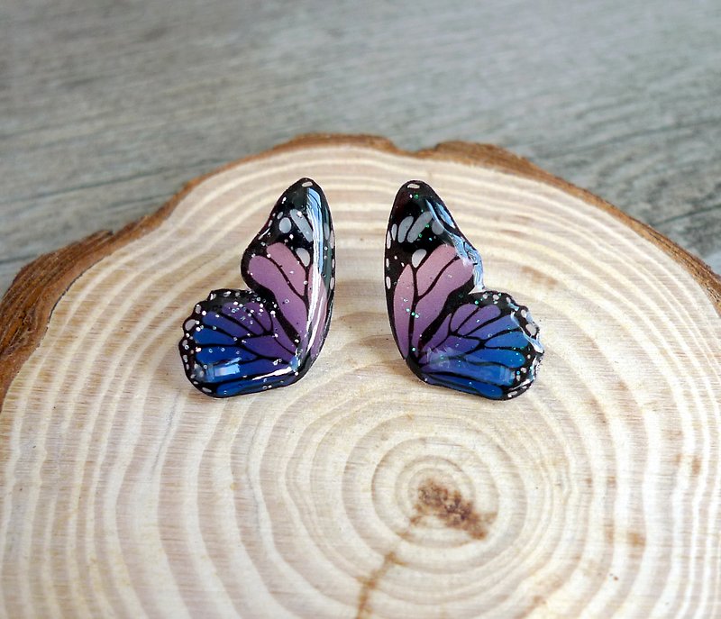 Misssheep-BW02-Purple Blue Butterfly Handmade Earrings (Auricular / Transparent Ear Clips) - ต่างหู - พลาสติก สีม่วง