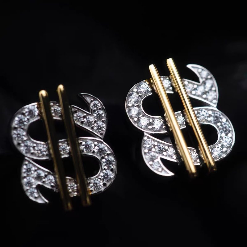 Wbj dollar inlaid earrings sterling silver plated 18k real gold - ต่างหู - โลหะ สีเงิน