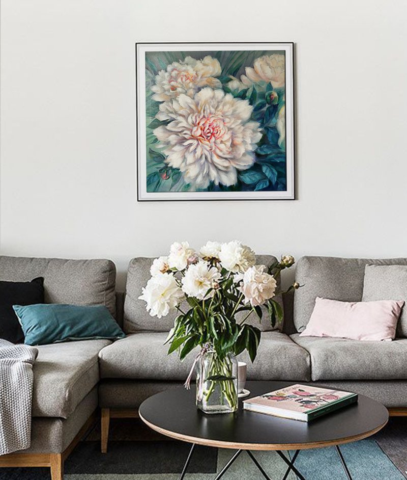 White Peony Oil Painting Original Wall Art on Canvas 40x40cm - 海報/掛畫/掛布 - 棉．麻 
