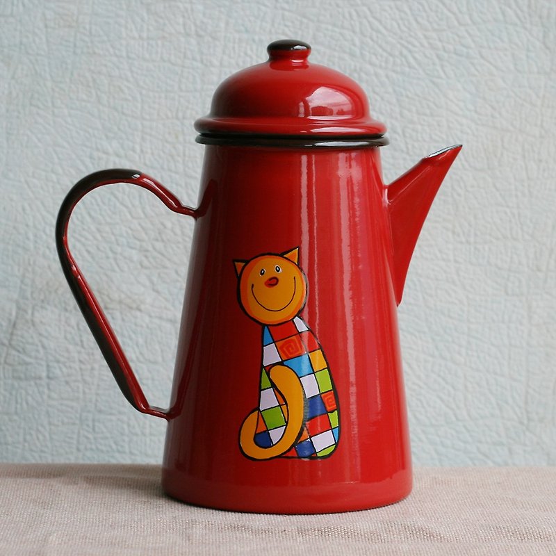Smaltum布拉格 琺瑯咖啡壺 微笑橘尾貓 茄紅 (FDN000539) - 咖啡壺/咖啡周邊 - 琺瑯 紅色