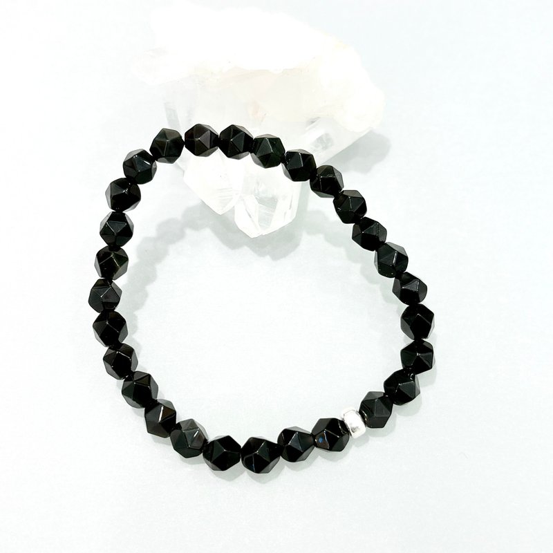 Ops Obsidian Silver bracelet-黑曜石/純銀/防小人/彈性/鑽切 - 手鍊/手鐲 - 寶石 黑色