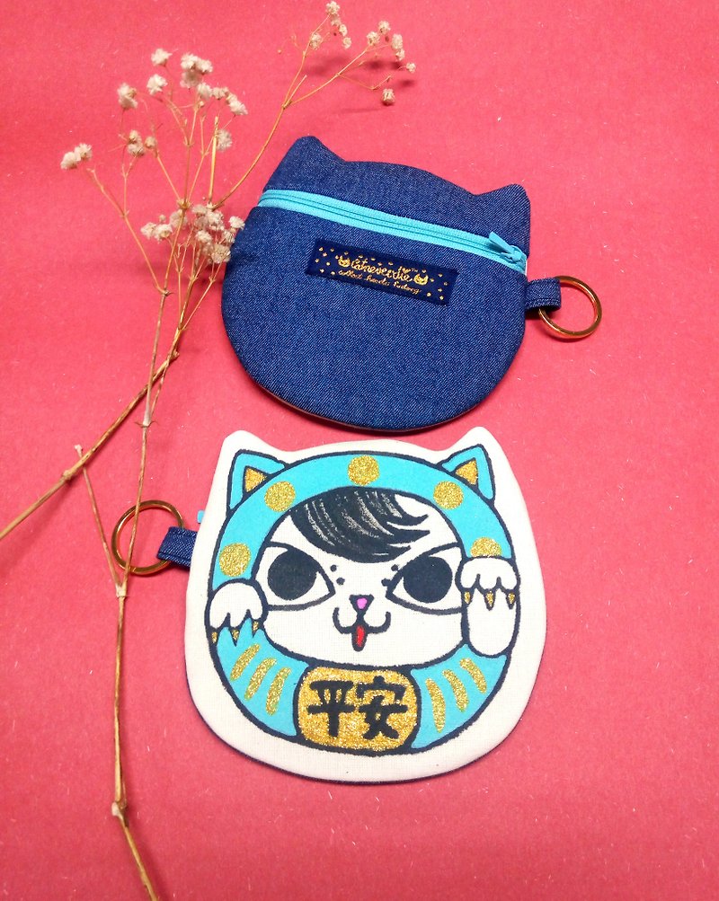 handmade hand paint light blue peace fortune cat coin bag - Coin Purses - Cotton & Hemp White