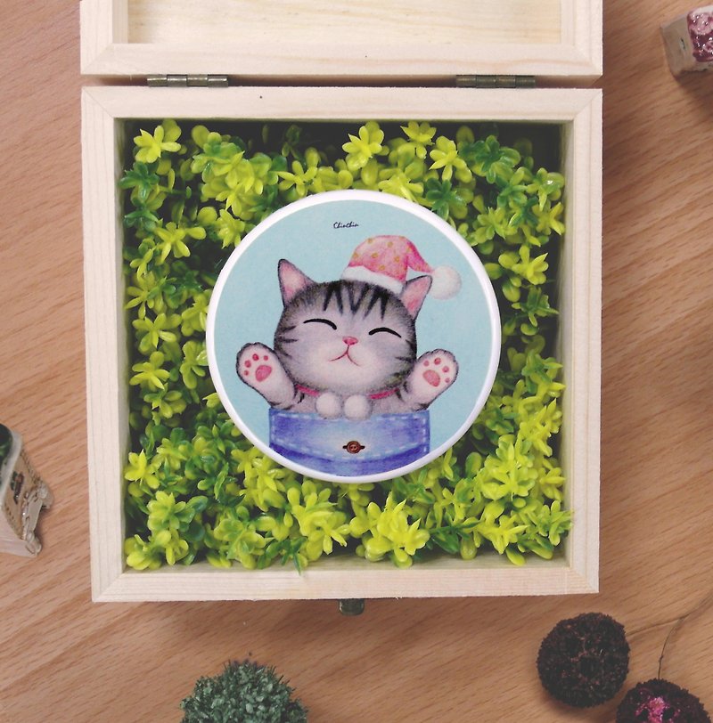 ChinChin hand-painted cat double-sided small round mirror-pocket warm cat - Makeup Brushes - Other Materials Blue