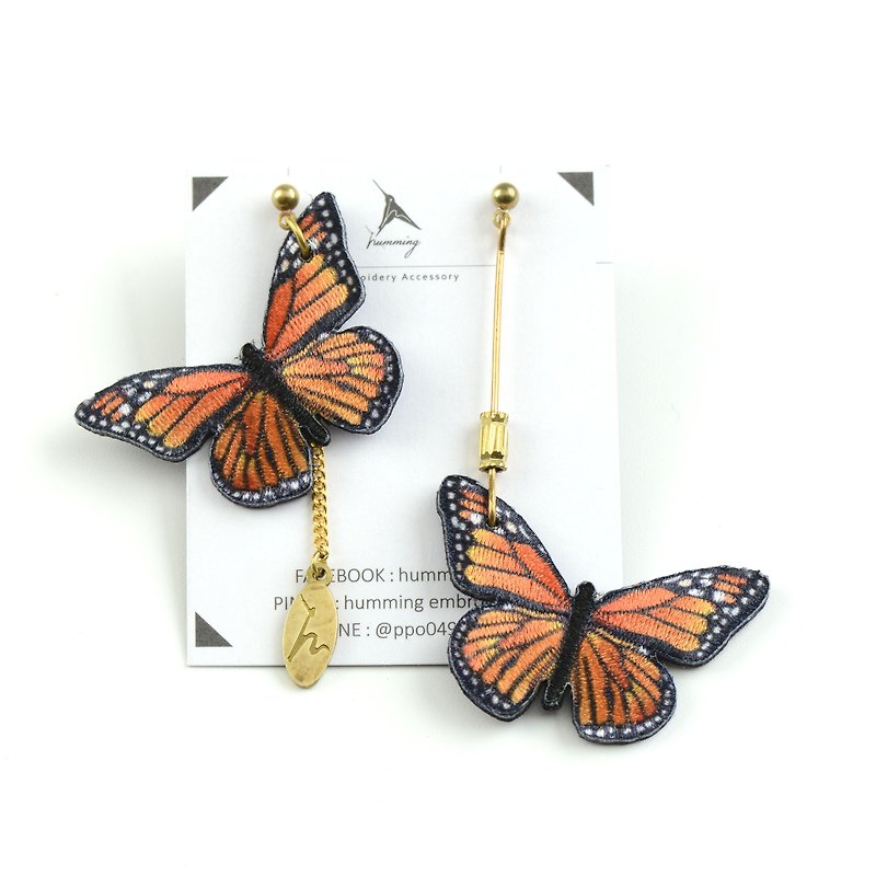 humming- Mariposa monarca /Butterfly/Embroidery earrings - ต่างหู - งานปัก สีส้ม