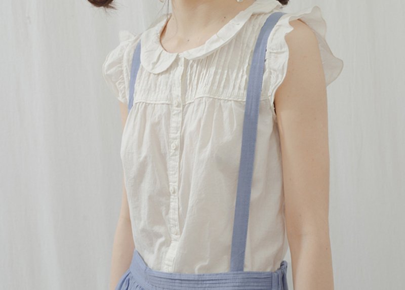 French White Small Fly Sleeve Shirt - เสื้อผู้หญิง - ผ้าฝ้าย/ผ้าลินิน ขาว