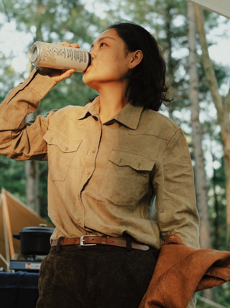 焦糖色/秋香色 100%亞麻男友風襯衫外套 中性Oversize 寬鬆大口袋 - 女襯衫 - 棉．麻 橘色