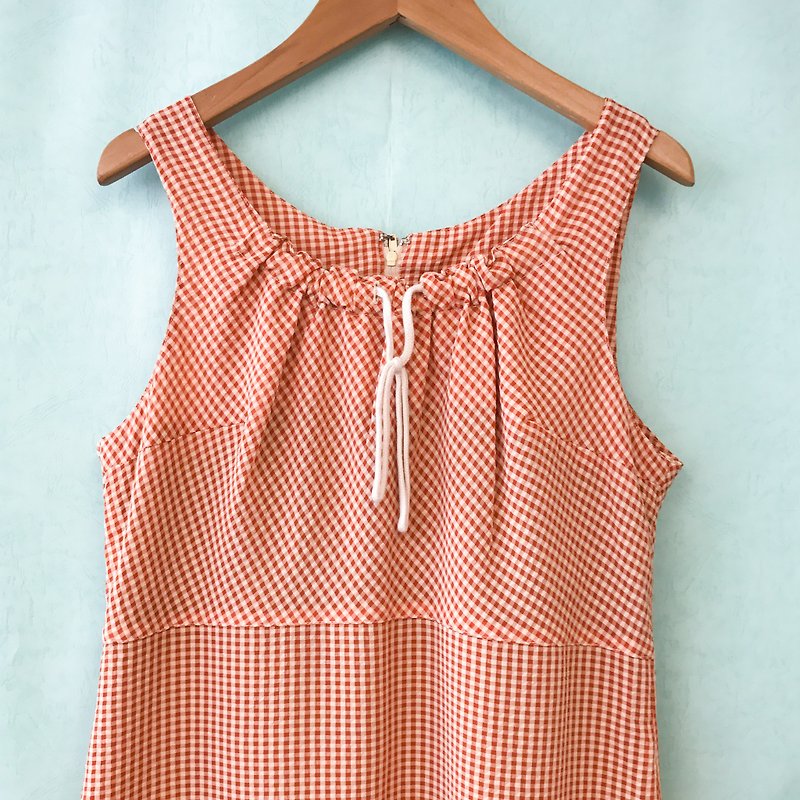 古著洋裝 / 粉橙色小格紋束領口無袖洋裝 - 連身裙 - 聚酯纖維 橘色
