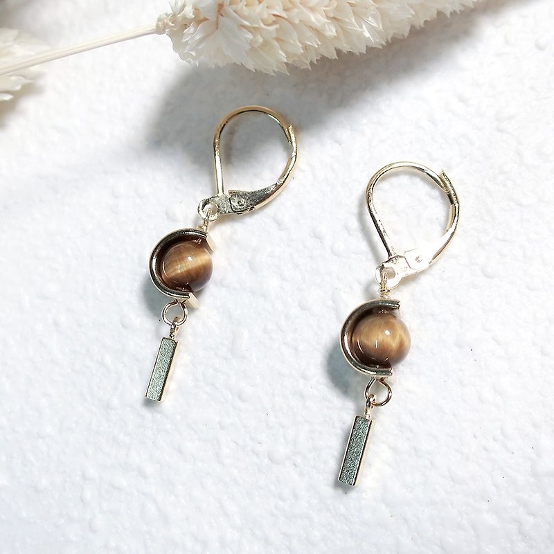 ♦ ViiArt ♦ ♦ scepter thick 18K gold-plated Tiger Eye Earrings - Clip-on can be changed - ต่างหู - โลหะ สีทอง