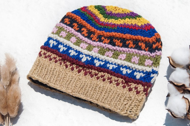 Hand-knitted pure wool cap / knit braided cap / inner brushed wool hand-woven hat / wool cap - South American Rainbow - Hats & Caps - Wool Multicolor