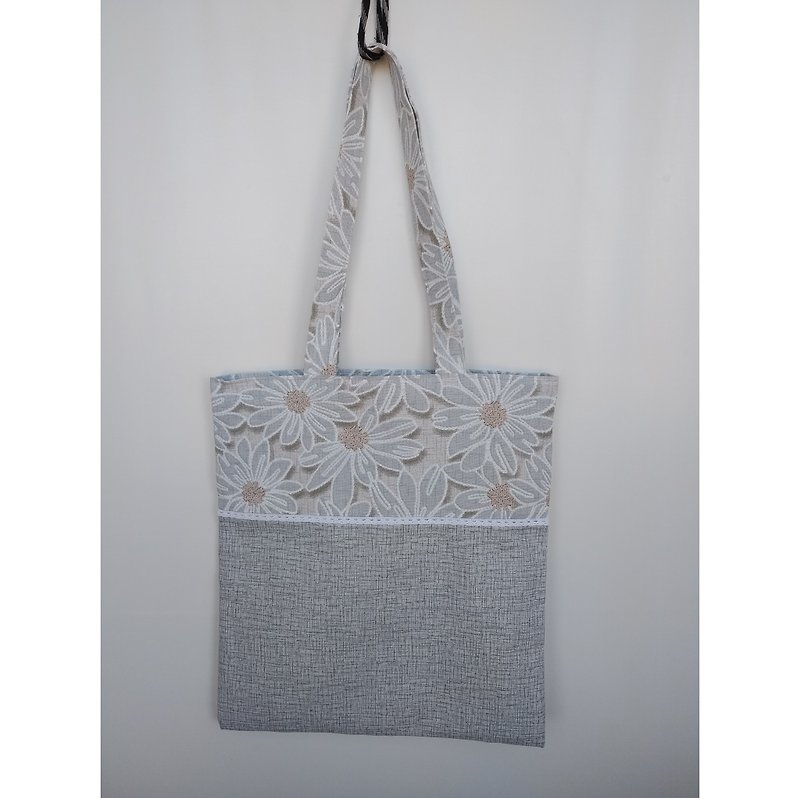 Strong reusable grey tote bag, cotton canvas bag chamomile - Handbags & Totes - Cotton & Hemp Silver