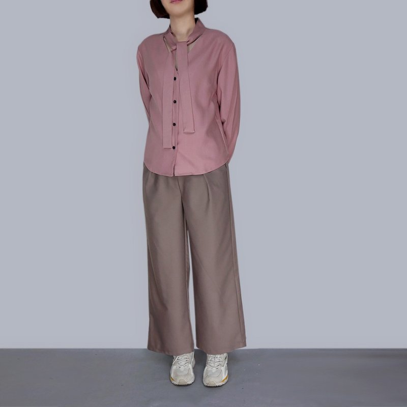 V領開襟繫帶天絲襯衫 - 女上衣/長袖上衣 - 其他人造纖維 粉紅色