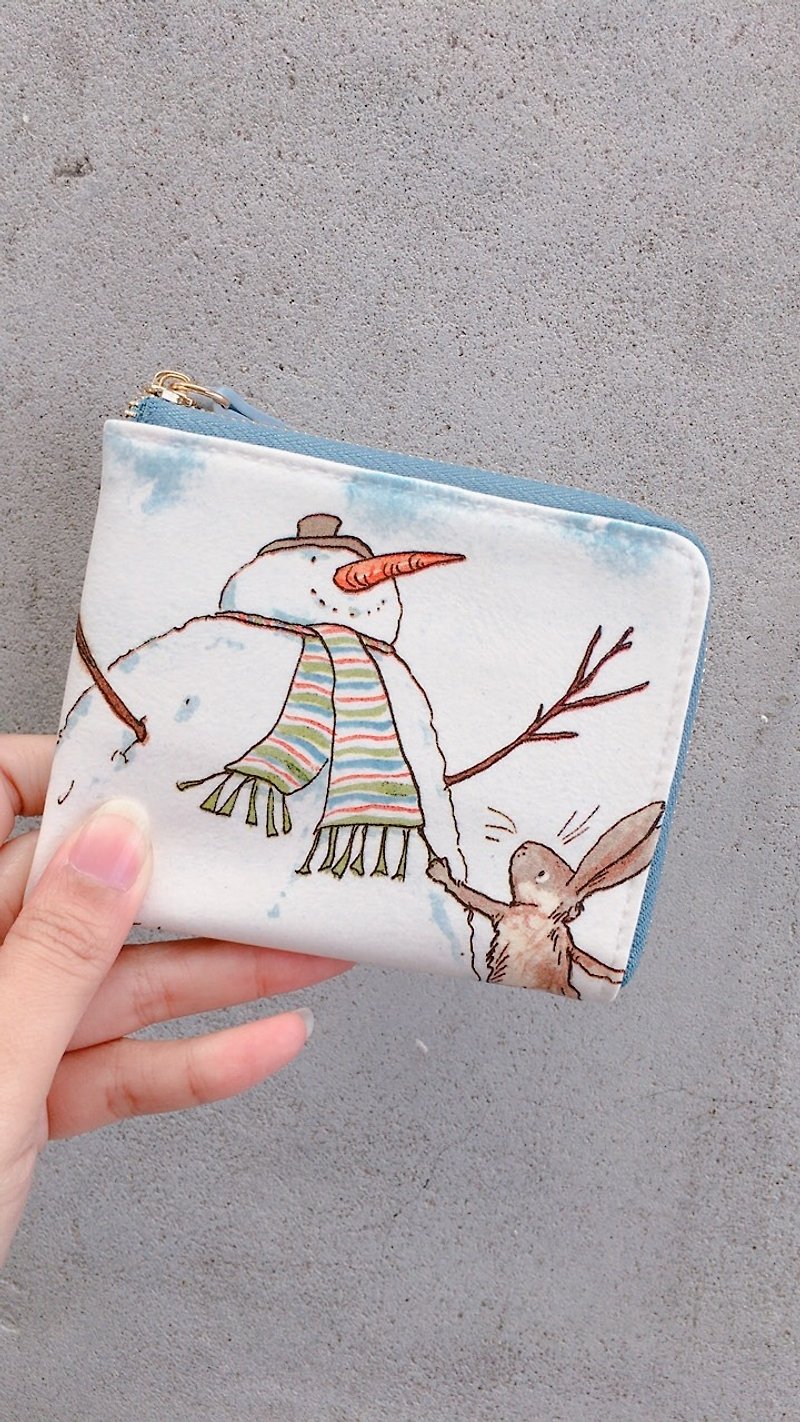 【L型短夾】雪人與兔子 L型拉鍊短夾 輕薄 零錢包 皮包 錢包 - 銀包 - 防水材質 