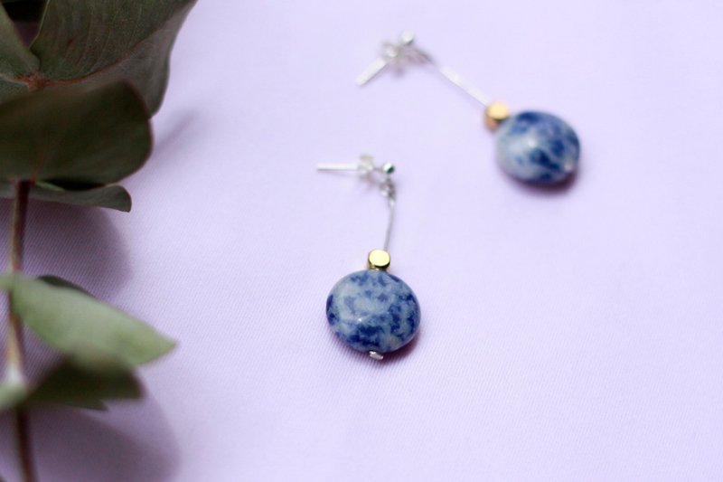 Simple round blue fine stone earrings-925 sterling silver ear acupuncture - Earrings & Clip-ons - Gemstone Blue