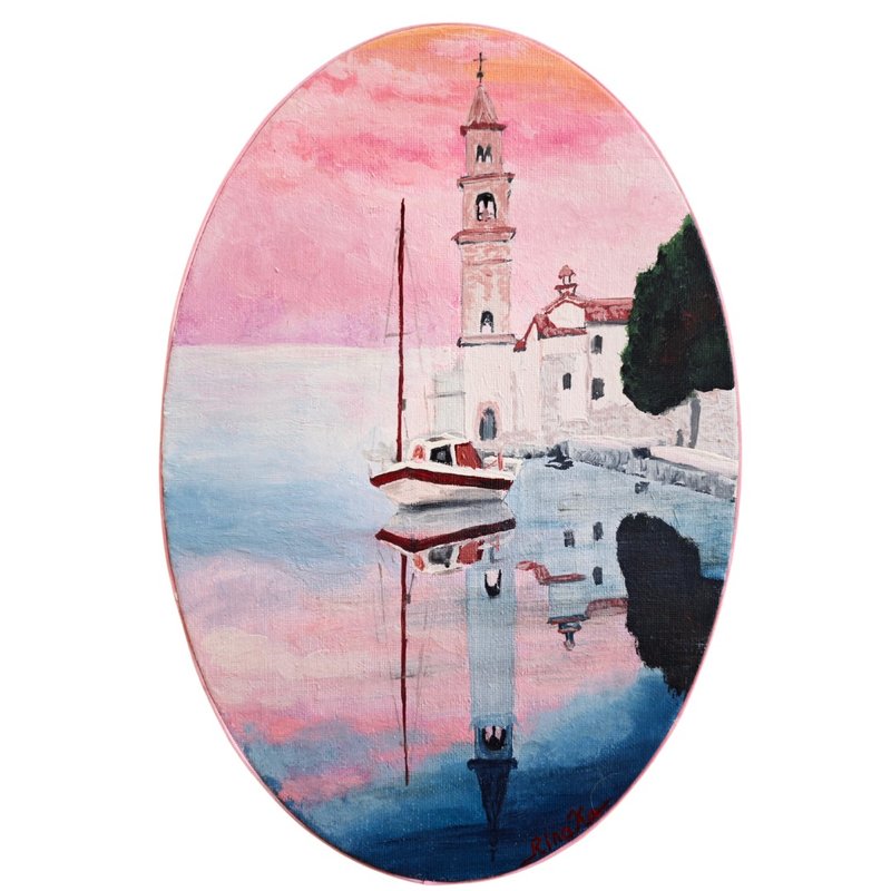 海上粉紅黎明原創風景畫橢圓形作品 作者 RinaArtSK - 壁貼/牆壁裝飾 - 其他材質 多色