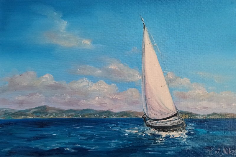 Sailboat Painting Seascape Canvas Oil Painting Nautical Original Art Ocean - 海報/掛畫/掛布 - 其他材質 藍色