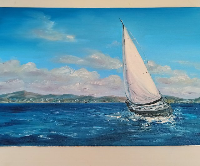 ヨット絵画海景キャンバス油絵航海オリジナルアートオーシャン 