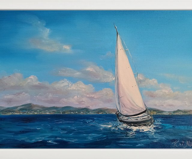 ヨット絵画海景キャンバス油絵航海オリジナルアートオーシャン