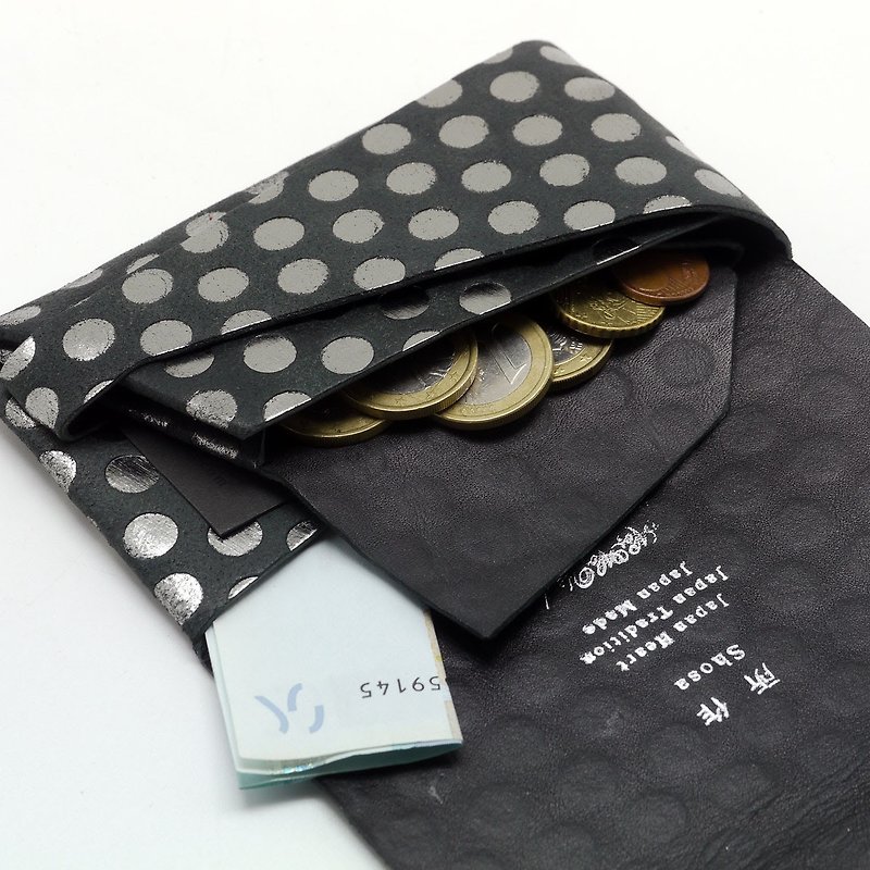 Japanese handmade-made Shosa vegetable tanned cowhide coin purse-polka dot/black Silver dot - กระเป๋าใส่เหรียญ - หนังแท้ 