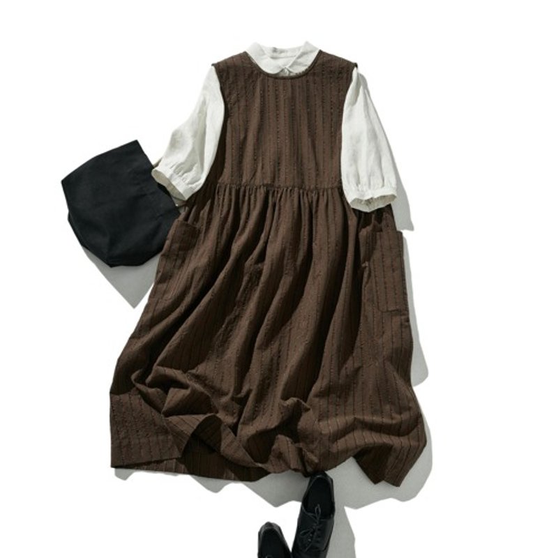 A sleeveless dress you can rely on in any season Striped jacquard cotton Linen brown 240414-1 - ชุดเดรส - ผ้าฝ้าย/ผ้าลินิน 