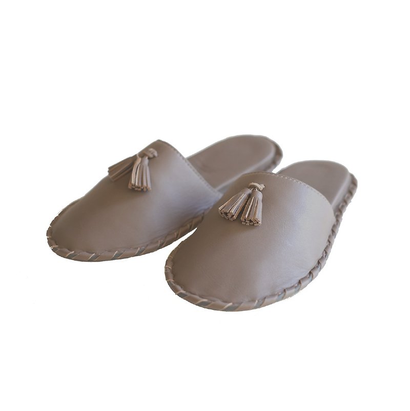 Epidemic prevention house in the home area / sheepskin woven indoor slippers, leather COZY leather slippers are breathable. - รองเท้าแตะในบ้าน - หนังแท้ สีกากี