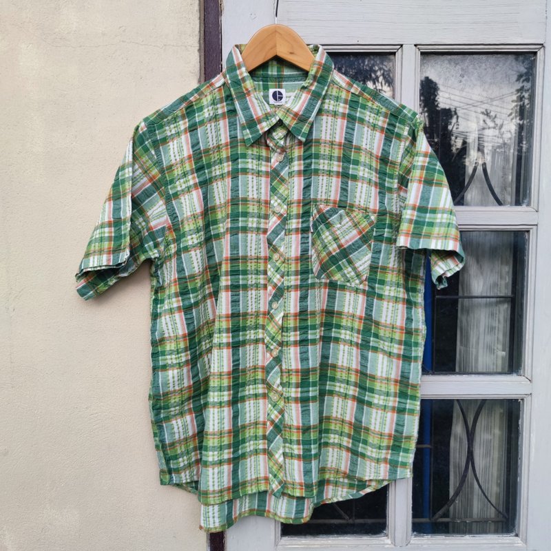 Vintage Saddle  Short Sleeve Green Plaid Button Up Shirt - Men's Shirts - Cotton & Hemp Green