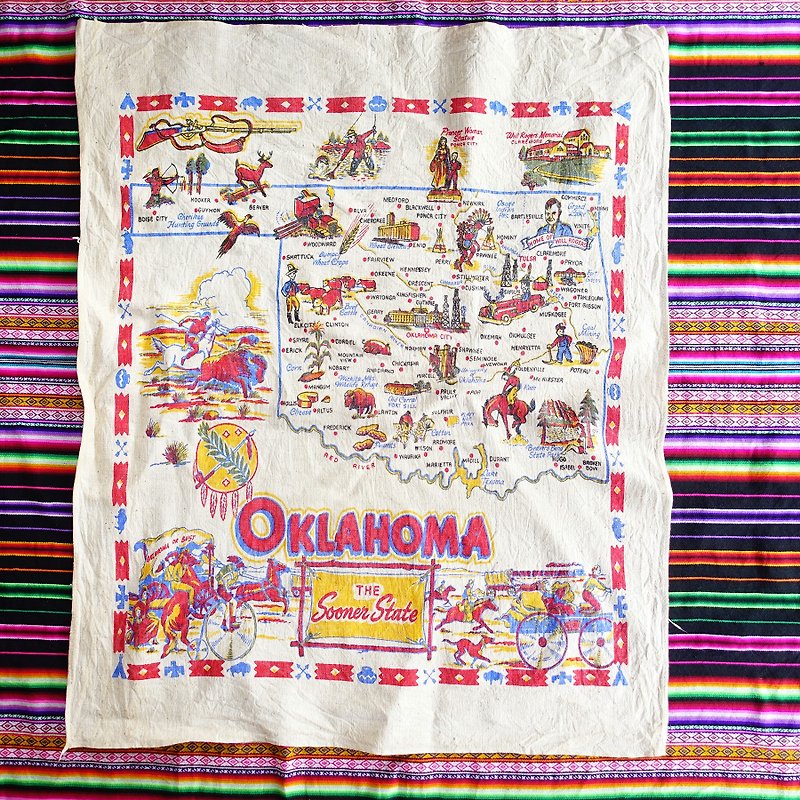 BajuTua / Warm old things / Old American Oklahoma sightseeing map cotton linen - Items for Display - Cotton & Hemp Multicolor