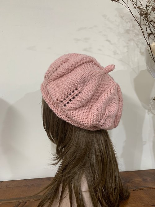 hm98k 走吧！編織 手工編織毛帽。柔軟大葉子蓓蕾帽。粉橘。瑞士百年品牌線材。