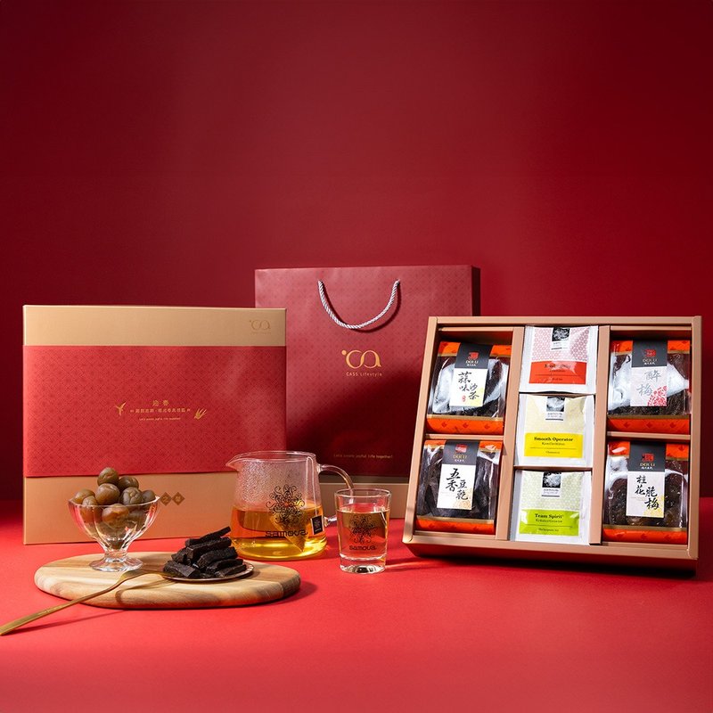 [samova] Tea Charm Double Xin New Year Gift Box/Dried Tofu + Crispy Plum + Flower and Fruit Tea Bag - Tea - Other Materials Gold