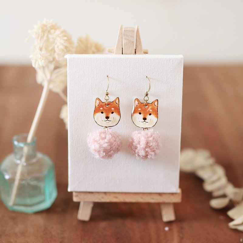 小動物毛毛球手工耳環-柴犬蜜桃 可改夾式 - 耳環/耳夾 - 樹脂 橘色