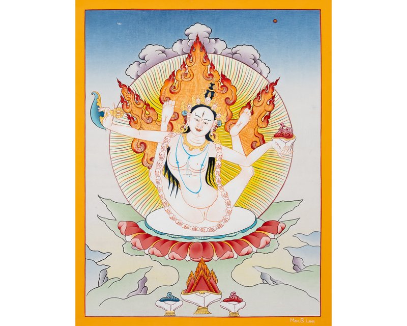 殊勝悉地瑜伽母唐卡 – 幸福圓滿的神聖女性 | 手工製作藏傳藝術 - 壁貼/牆壁裝飾 - 其他材質 多色