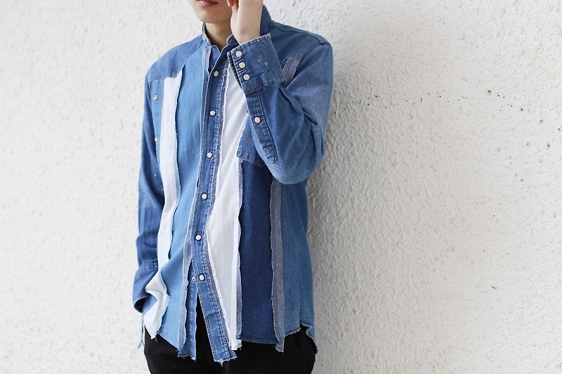 牛仔直紋patchwork 恤衫 - 男裝 恤衫 - 棉．麻 藍色