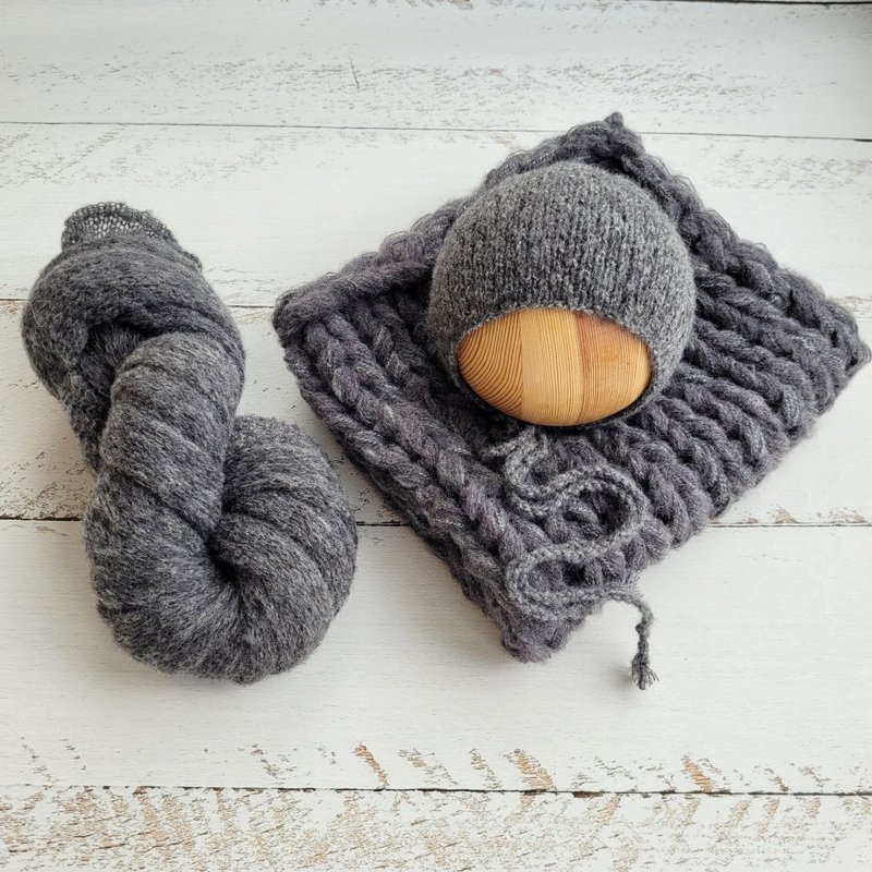 Grey soft newborn Bonnet, Wrap,Blanket. Newborn photo props - 嬰兒手鍊/飾品 - 羊毛 灰色