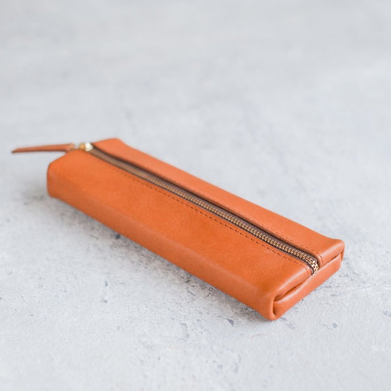 Vegetable tanned cowhide light caramel color flat rectangular leather pencil case - Pencil Cases - Genuine Leather Orange