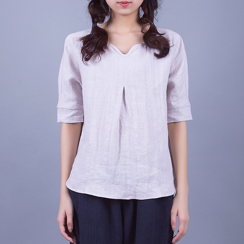 灰紫色砂洗純亞麻半袖衫 - 女 T 恤 - 棉．麻 