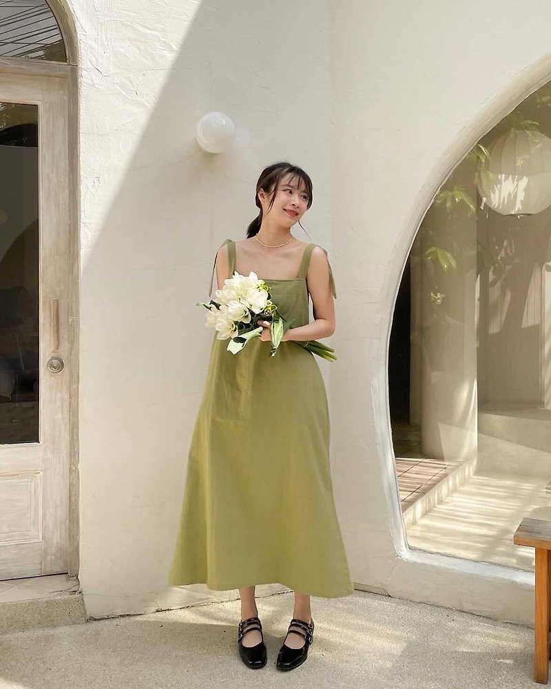 Green Matcha Korean Japanese long dress - One Piece Dresses - Cotton & Hemp 