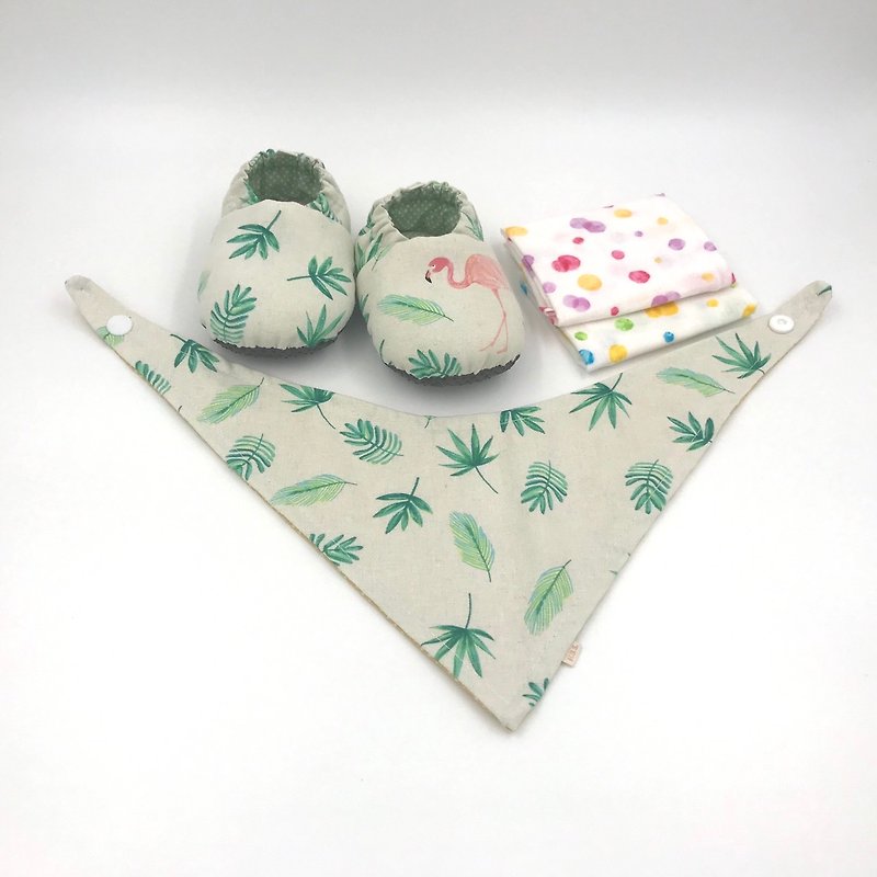 Pink Crane Green Leaf-Moon Baby Gift Box (Toddler Shoes/Baby Shoes/Baby Shoes+2 Handkerchiefs+ Scarf) - ของขวัญวันครบรอบ - ผ้าฝ้าย/ผ้าลินิน สีเขียว