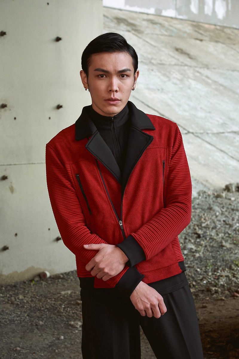 Neo Faux-Suede Leather Biker Jacket - เสื้อโค้ทผู้ชาย - วัสดุอื่นๆ สีแดง