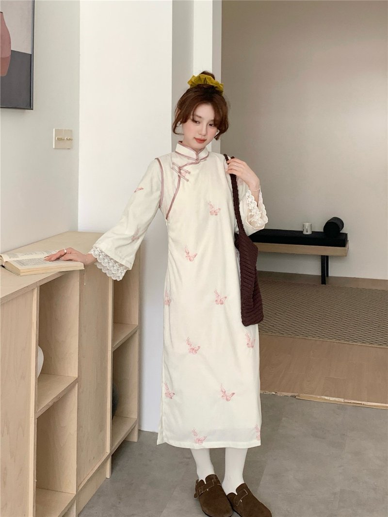 オフホワイト 蝶刺繍 フェイクツーピース ドロップショルダー 裏起毛 スタンドカラー チャイナドレス 旧正月 春節 ワンピース - チャイナドレス - ポリエステル ホワイト