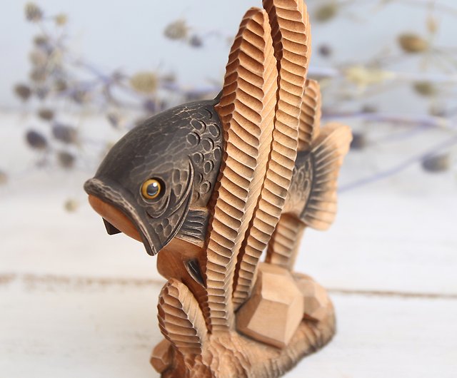 木魚の置物木彫り漁師への贈り物手作りの魚の像 - ショップ