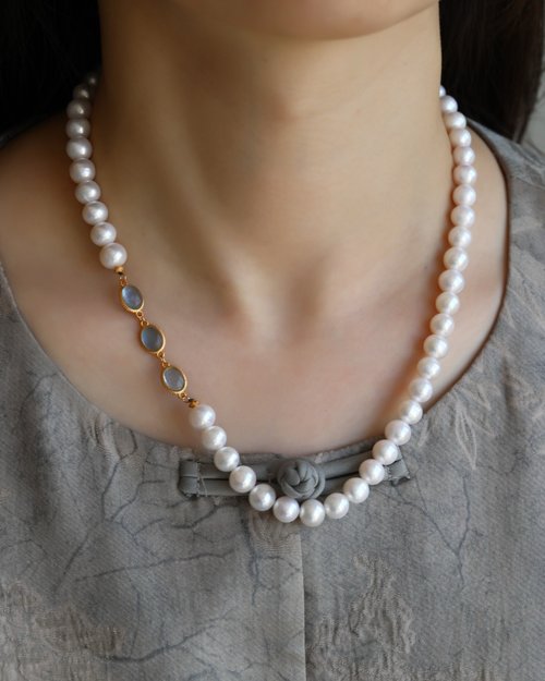 Angel's tears 天使之淚 Jewelry Design 8mm天然原色淡水珍珠 純銀鎏金鑲嵌海藍寶鏈條設計多圈手串項鍊