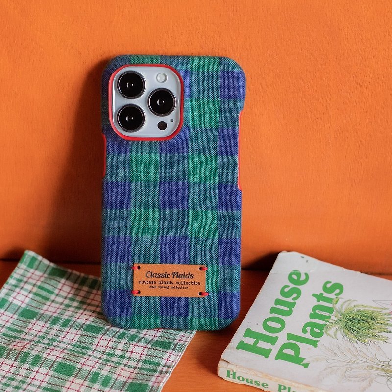 Vintage Check Plaids mobile cover for iPhone15Pro iPhone13mini - อุปกรณ์เสริมอื่น ๆ - ผ้าฝ้าย/ผ้าลินิน สีเขียว