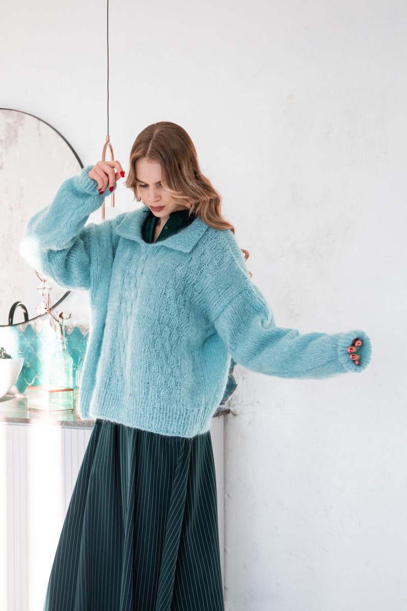 Mint Oversize Jumper Sweater. Hand Knitted from mohair and wool yarn. - 女毛衣/針織衫 - 羊毛 