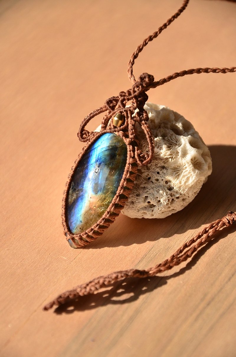 天然水晶-拉長石-手制花邊編織項鍊 - 項鍊 - 寶石 藍色