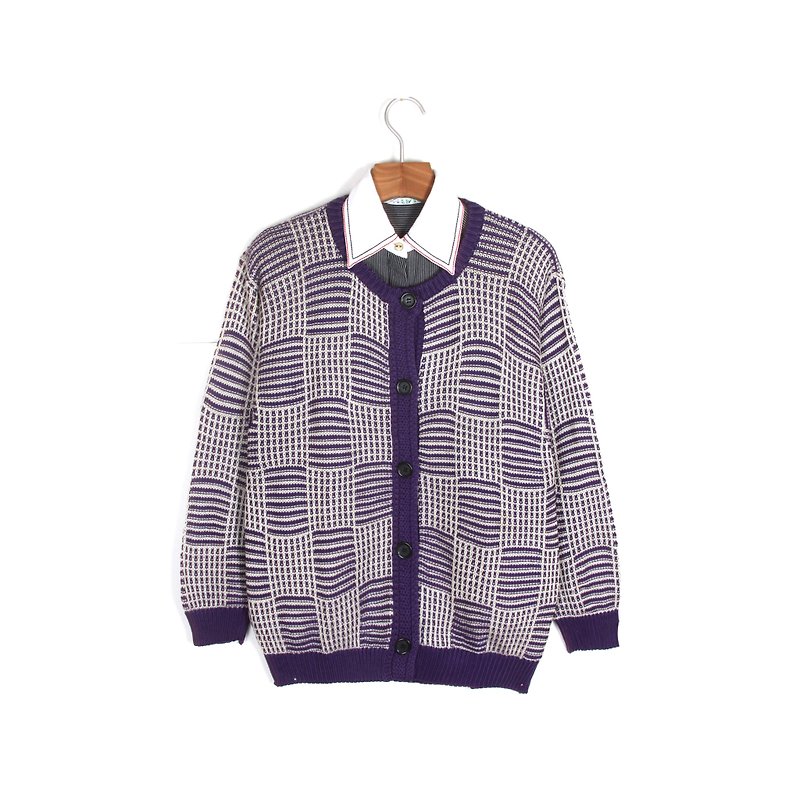 【蛋植物古着】紫玉格紋古著開襟針織衫  - 毛衣/針織衫 - 聚酯纖維 紫色