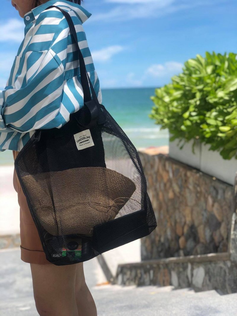 Black Mesh bag/ Shopping Bag/ Fitness Bag/ Grocery Bag/ Beach Bag/ Laundry/ M - กระเป๋าถือ - ไนลอน สีดำ