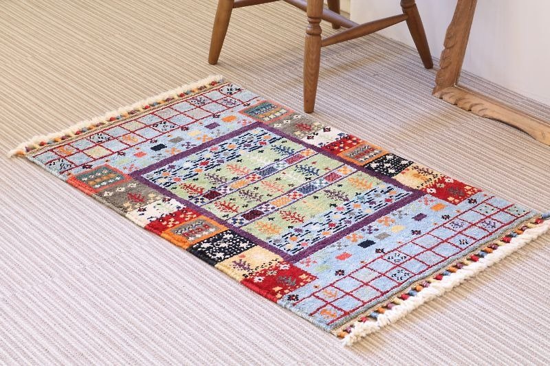手織り 絨毯 ポイントラグサイズ 玄関マット ウール&草木染め newデザイン 94×61cm - 絨毯・カーペット - その他の素材 多色