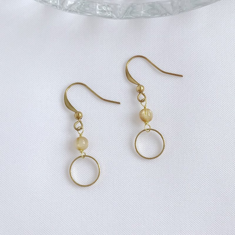 Classical circle. Natural Blonde Crystal Bronze Ear Hooks Hand-made Dangling Earrings Lucky fortune, Work and Career - ต่างหู - ทองแดงทองเหลือง สีเหลือง