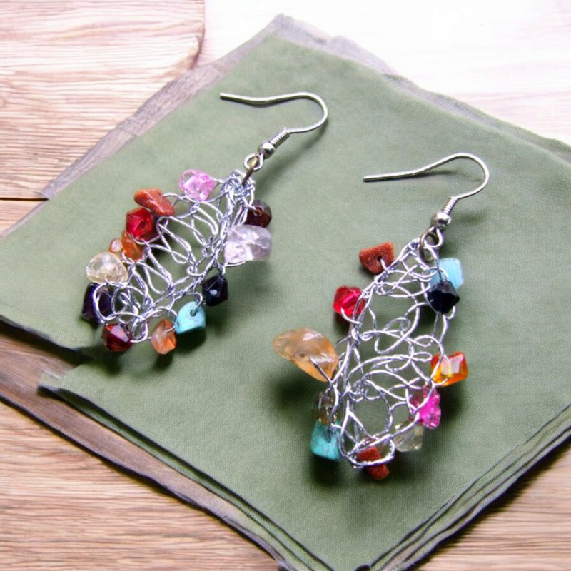 Silver Wire Wrapped Gemstone Dangle Earrings, Handmade - Earrings & Clip-ons - Precious Metals Multicolor