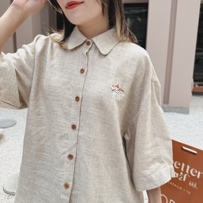 Oliver oversize linen Shirt : Natural - เสื้อเชิ้ตผู้หญิง - ผ้าฝ้าย/ผ้าลินิน สีกากี