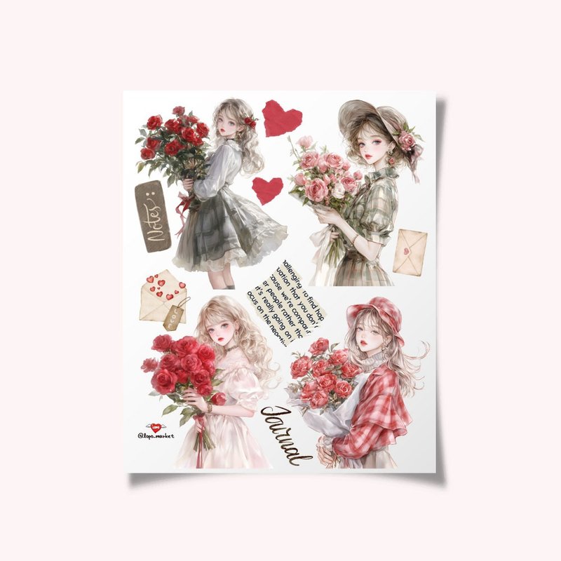 Flower Bouquet and Girl Character Stickers 3 Sheets - 貼紙 - 紙 